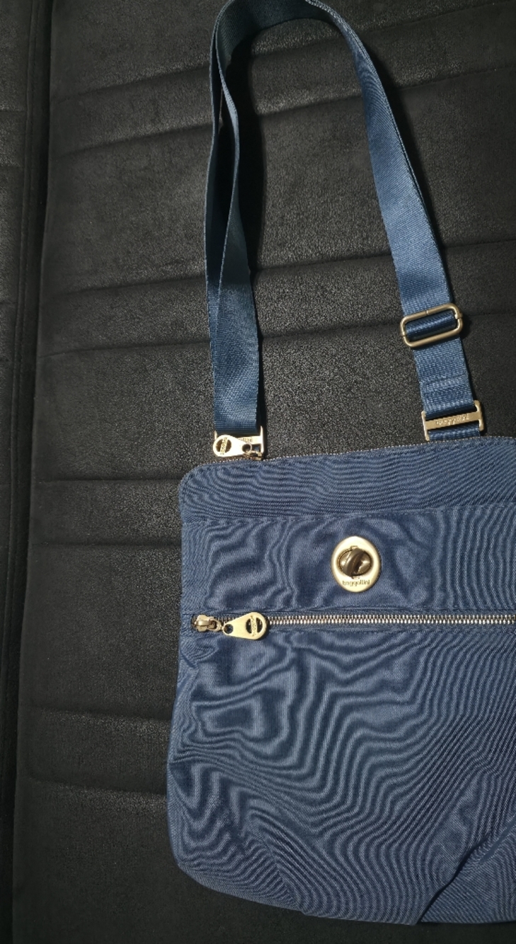 Baggallini Blue Shoulder Bag Adjustable Strap Gold Hardware Zipper Turn Lock